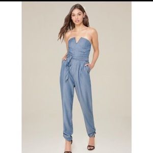Bebe strapless chambray belted jumpsuit size 2